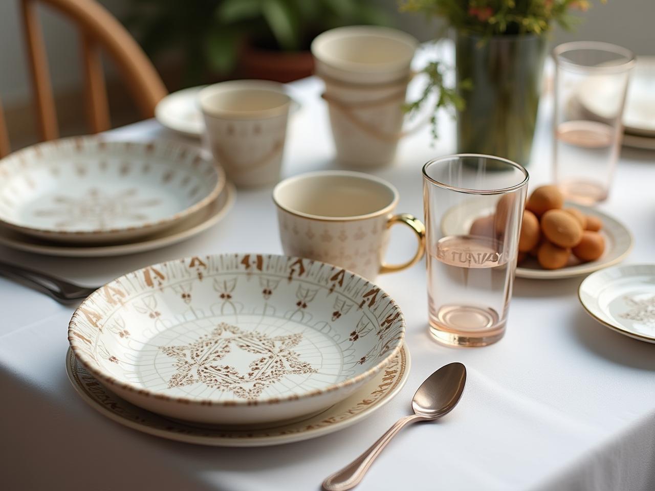 A beautifully set table with disposable tableware designed with Jewish aesthetic principles, featuring elegant patterns and textures.