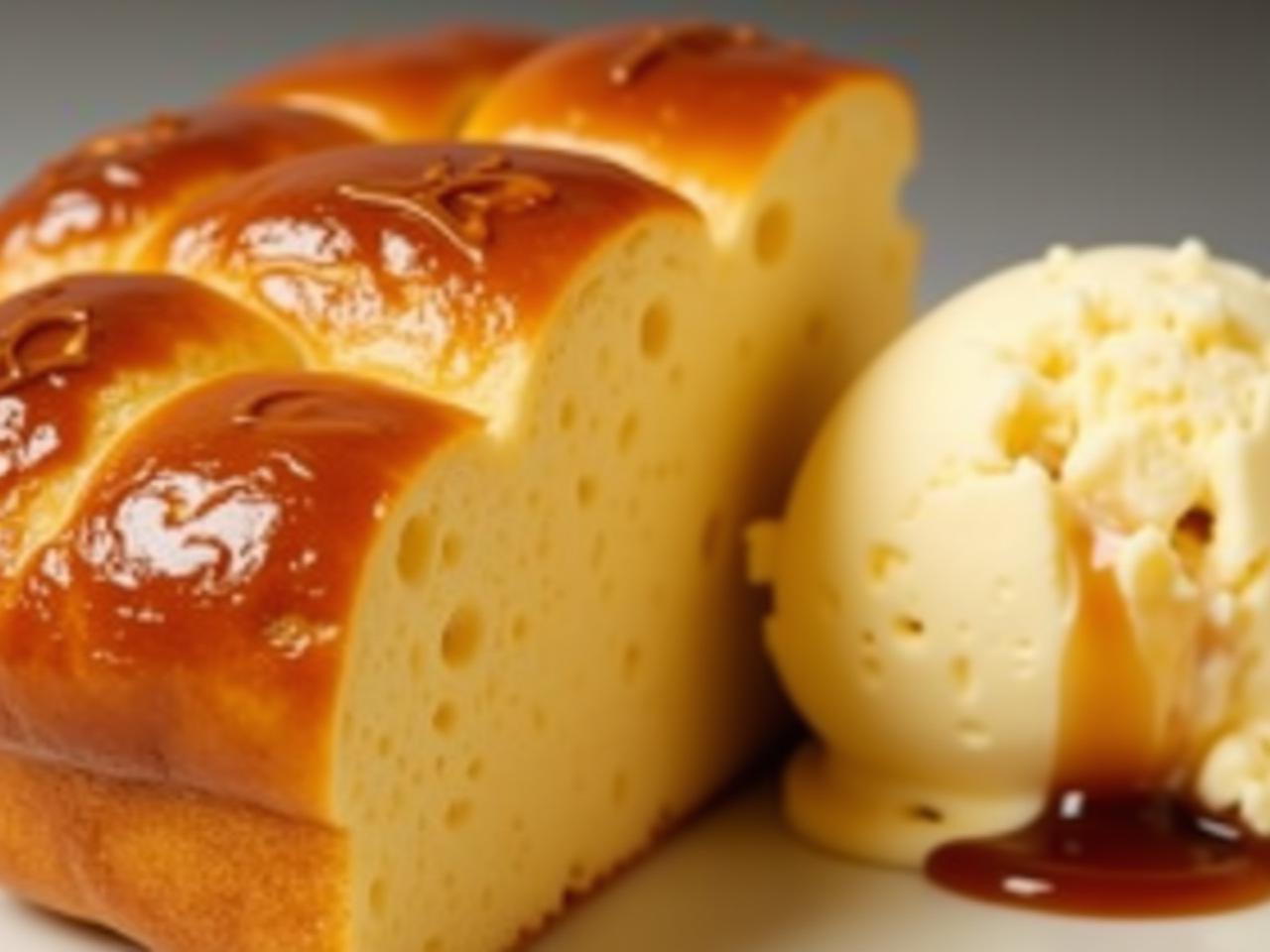 A close-up shot of a slice of challah bread with a key design on top, next to a scoop of vanilla ice cream with molten caramel oozing out.