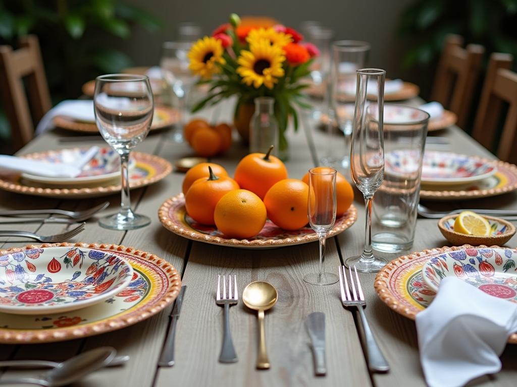 A beautifully decorated Shabbat table with unique and colorful dishes.
