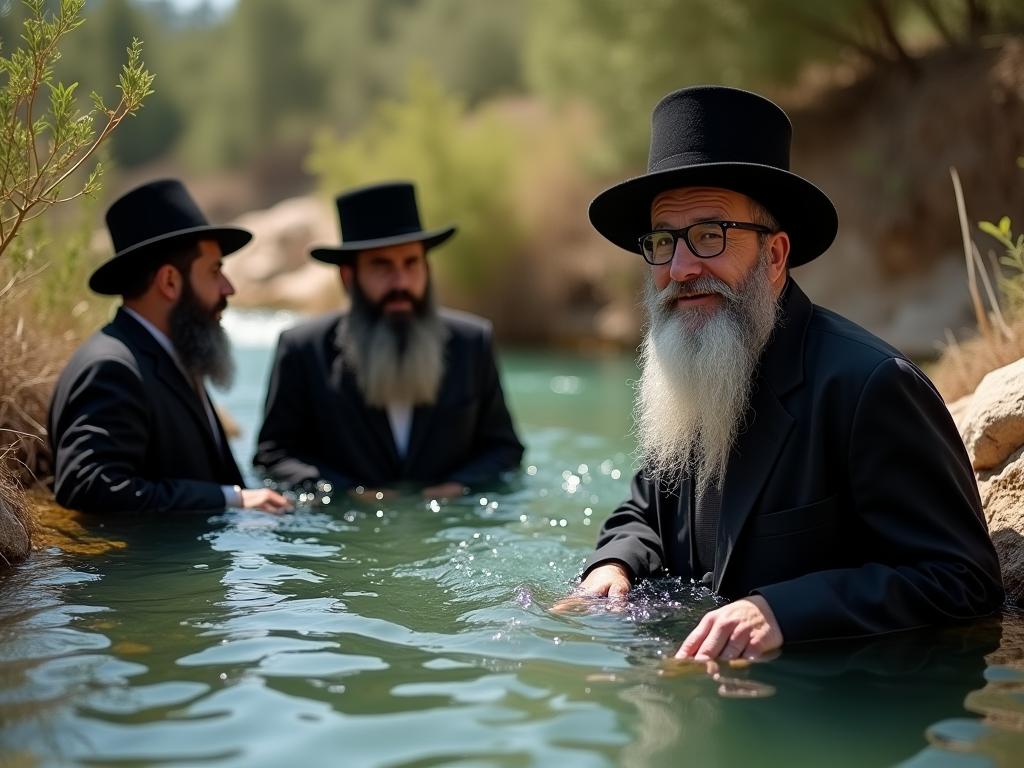 A group of Haredi men enjoying a natural spring in Israel.