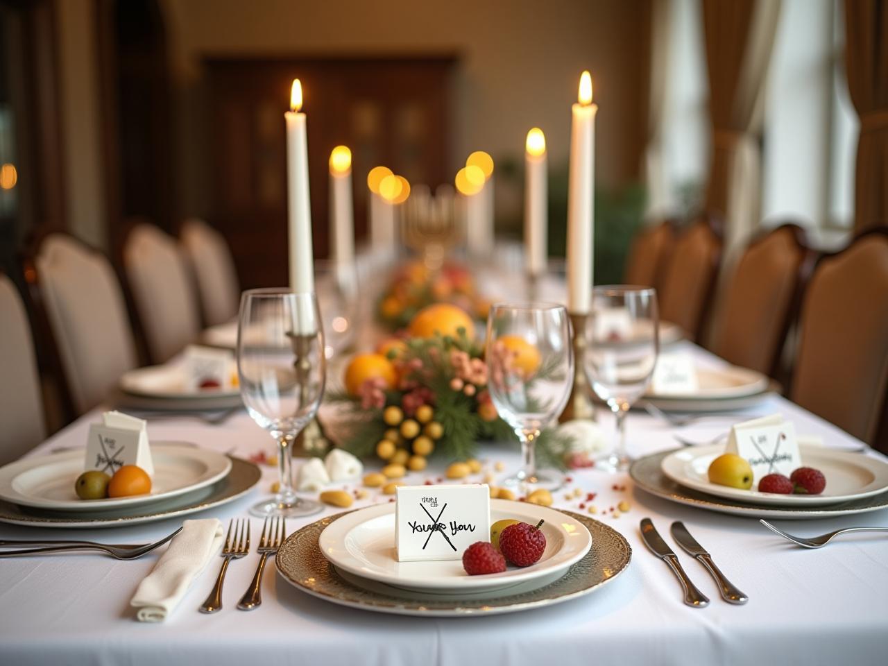 A beautifully decorated holiday table with white tablecloth, ceramic dishes, candles, dried fruits, and personalized place cards.