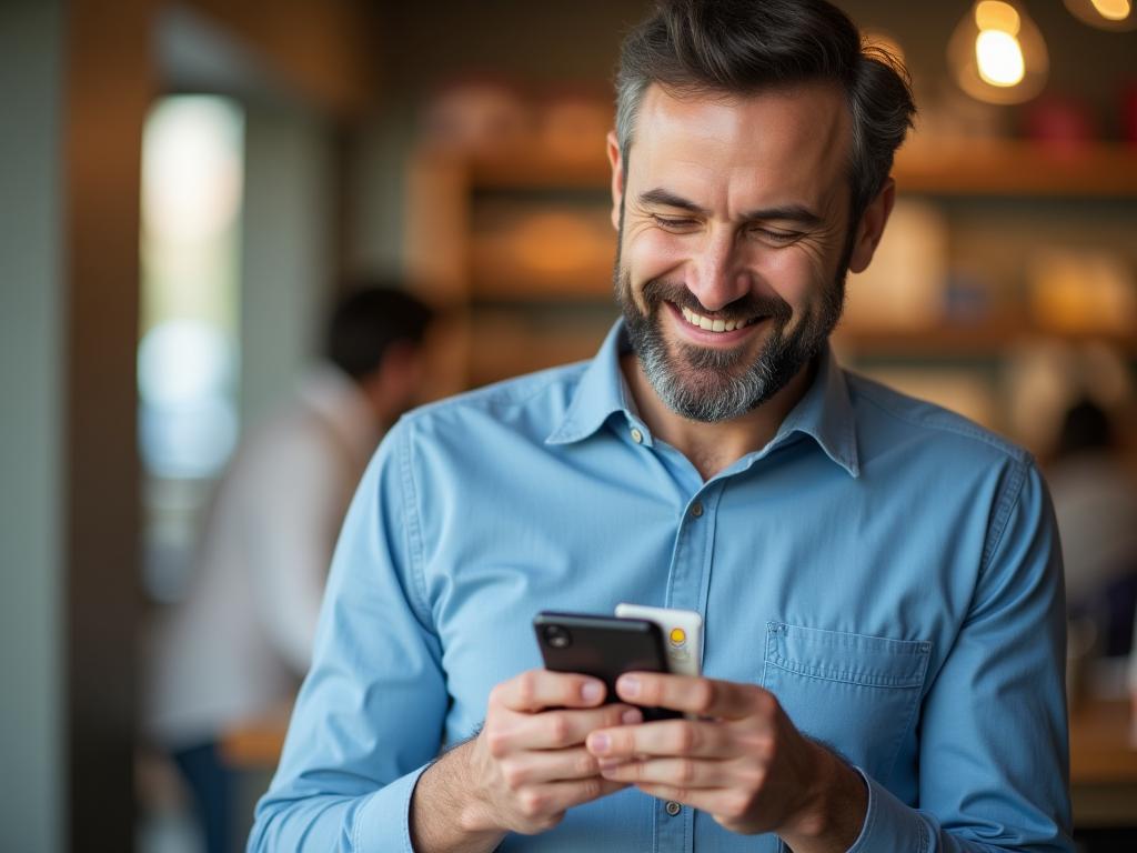 A man smiling and holding a smartphone with coupons on the screen.