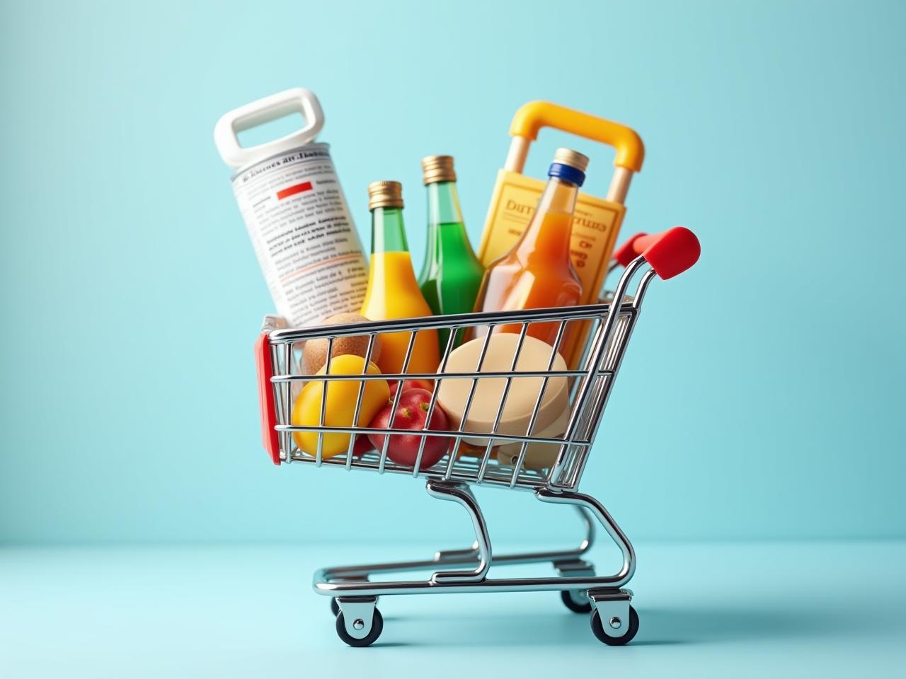 A shopping cart with groceries and a calculator on top, symbolizing smart shopping and cost savings.