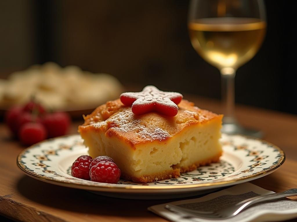A photo of a delicious kosher dessert with Jewish motifs, prepared by Rabbi Mendy Greenberg. The background shows a warm and inviting kitchen.