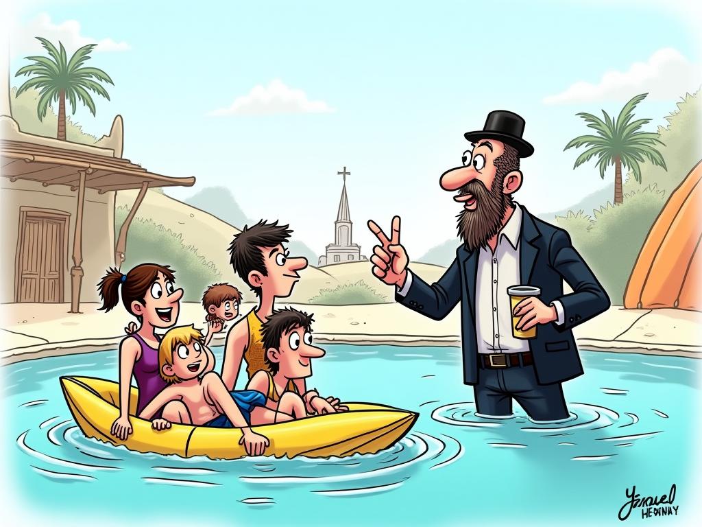 A humorous cartoon of a Haredi man with a family at a water park, looking like hes pulling off a clever deal.