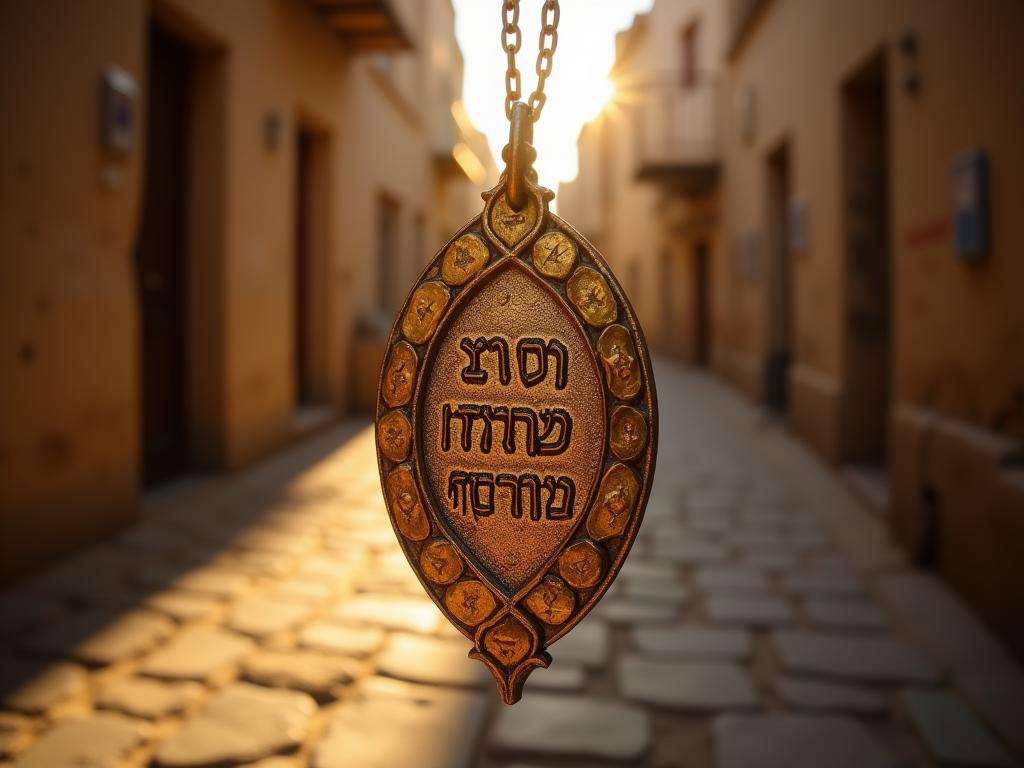 A close-up of a handcrafted Jewish amulet with Hebrew inscriptions, shimmering in the sunlight of a Zfat alleyway.