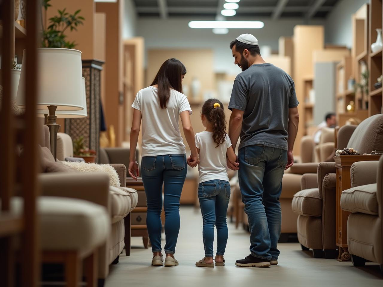 A family looking at furniture in a store.