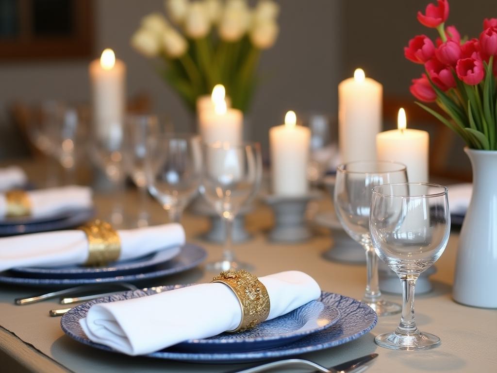 A festive Passover table setting with decorated napkins, homemade napkin rings, and flowers.