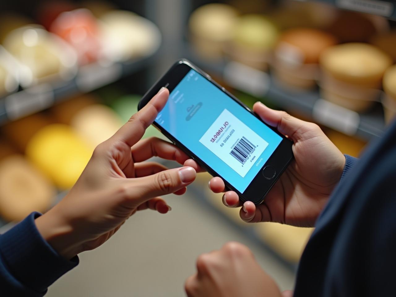 A hand holding a smartphone scanning a barcode on a food product, with a kosher symbol visible.