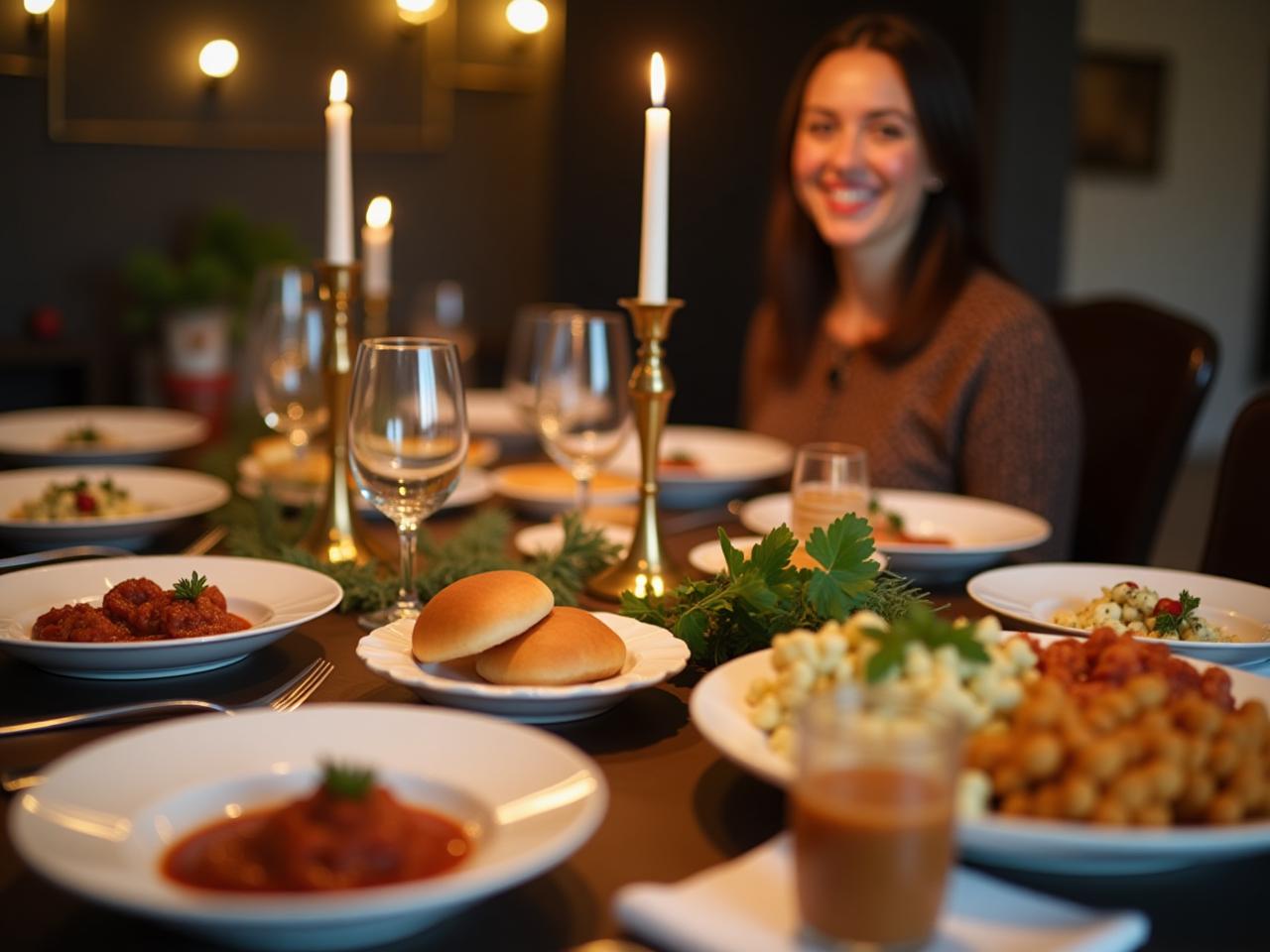 A table set for a festive meal with homemade dishes, featuring a smiling woman in the background.