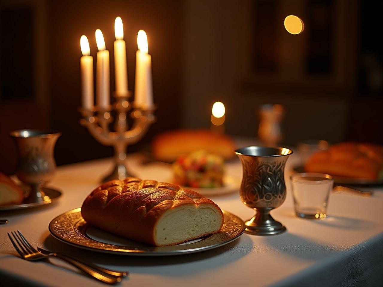 A beautifully decorated Shabbat table with challah cover, kiddush cup, and lit candles.