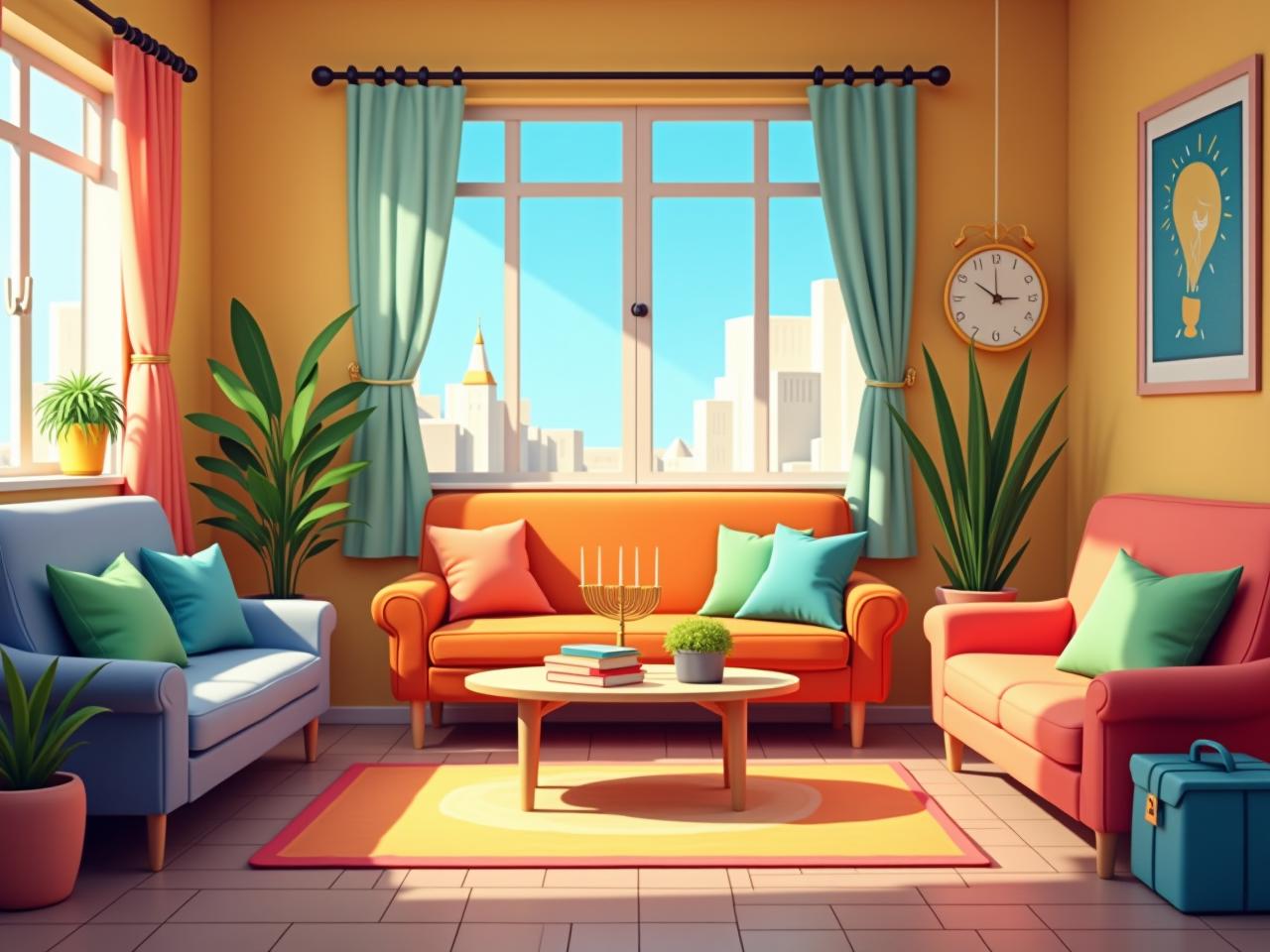 A colorful and cheerful living room with bright colors and happy decorations, creating a joyful atmosphere.
