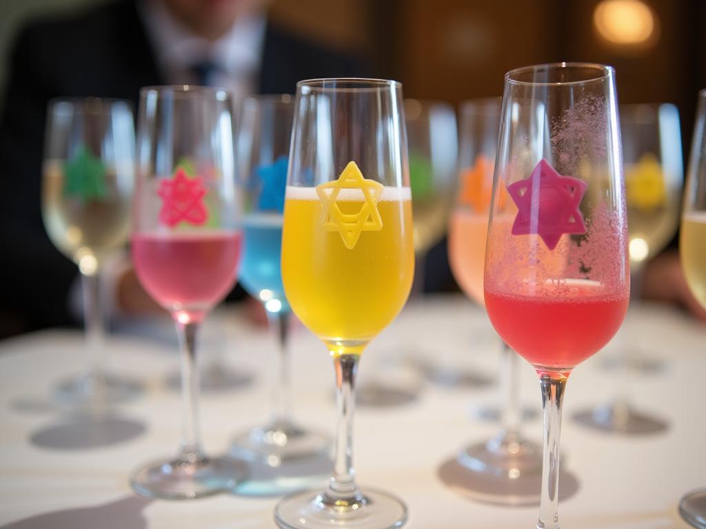 Colorful silicone drink markers on various glasses on a dining table.