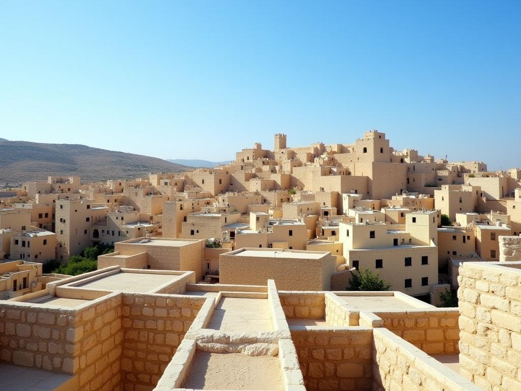 View of the Old City of Safed, Israel, with traditional stone buildings and a blue sky.