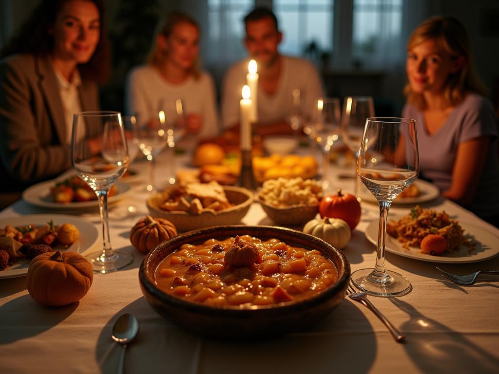 A beautifully set table with traditional Jewish holiday food, surrounded by a family.
