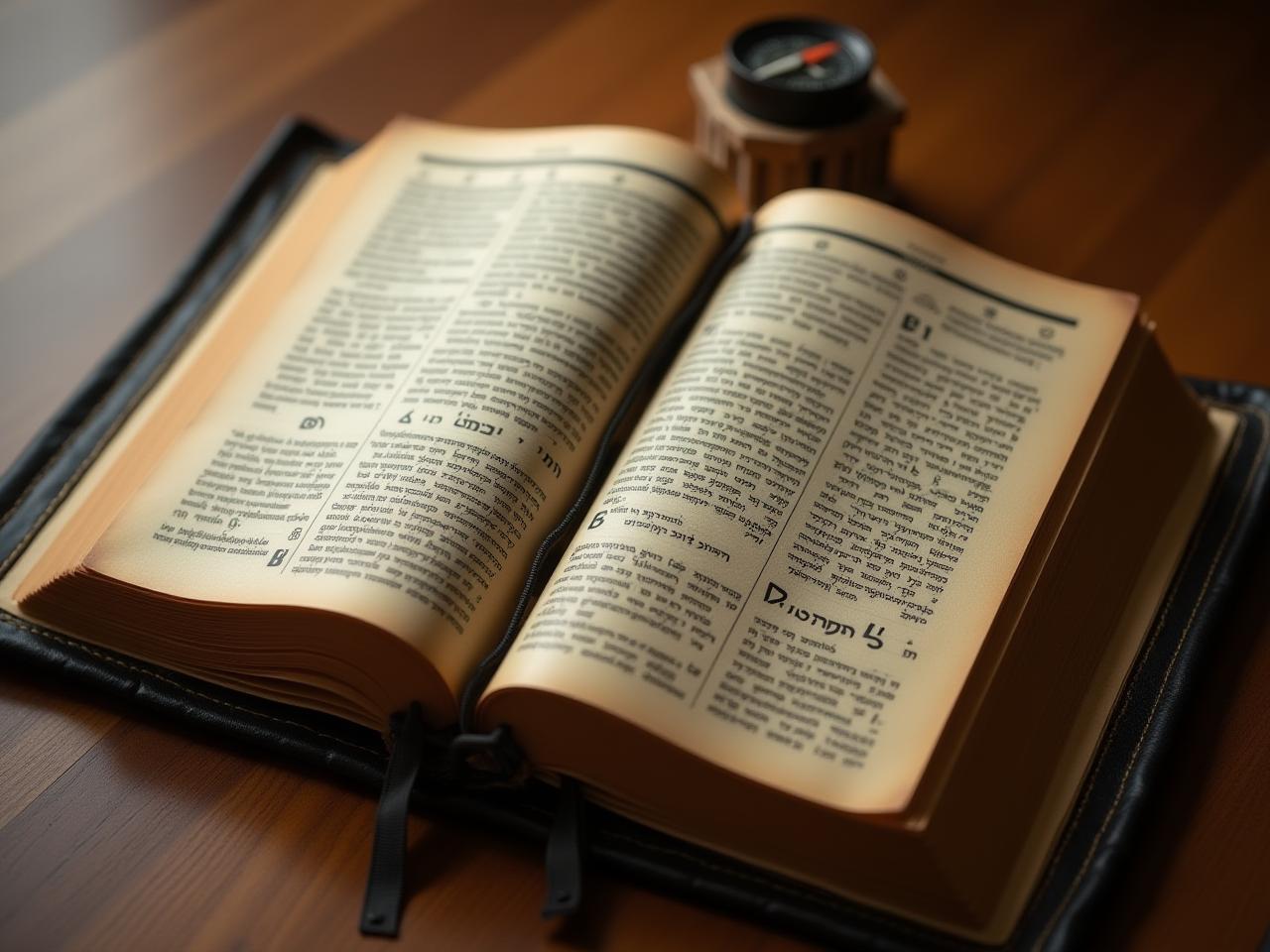A siddur with a built-in compass, lying open on a wooden table. The compass is visible, pointing towards a direction.