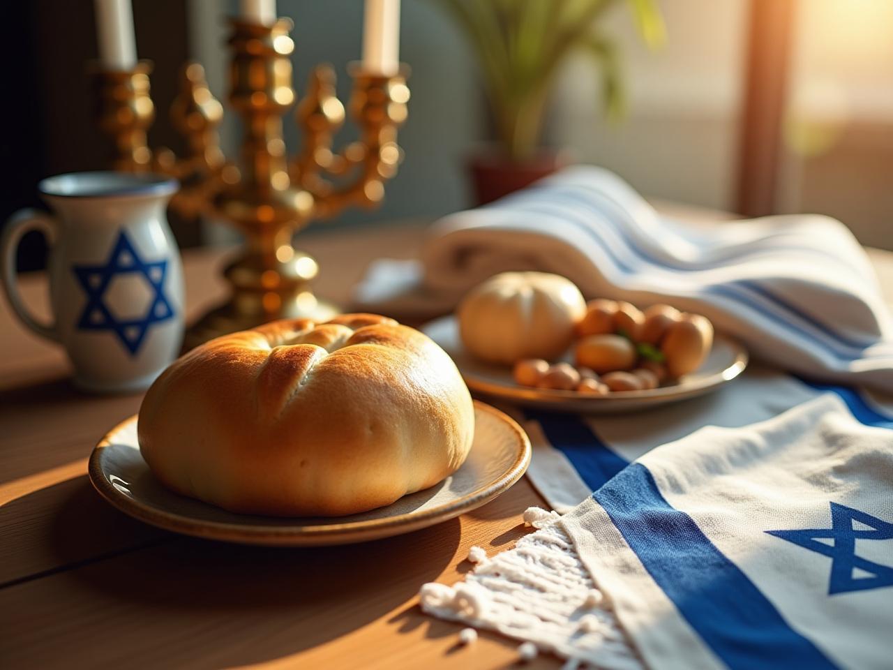 Arrangement of Jewish ritual items on a wooden table, bathed in soft natural light. Included are a challah cover, Shabbat candlesticks, and a tallit.