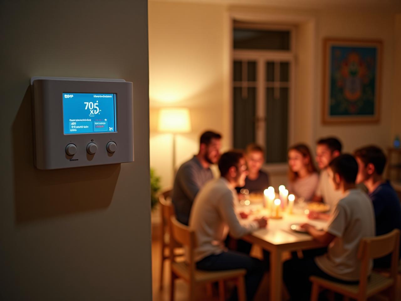 A cozy living room with a thermostat on the wall, and a family enjoying Shabbat dinner.
