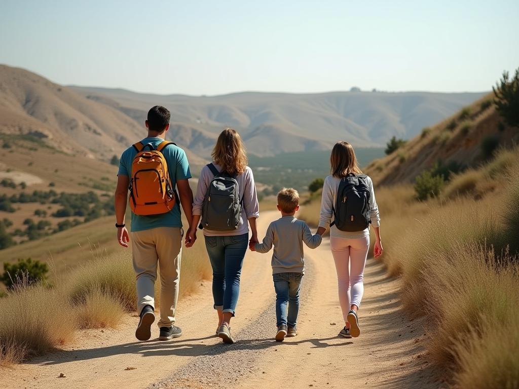Family hiking on a historical trail in Israel.