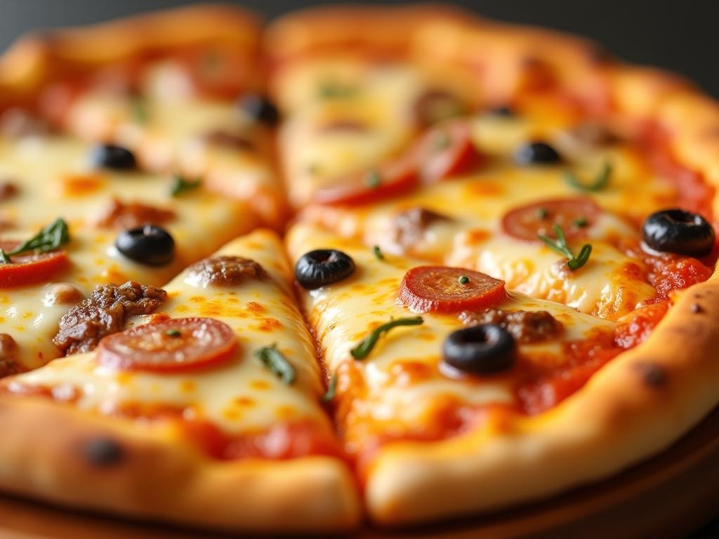 A close-up shot of a delicious kosher pizza with melted cheese and various toppings.
