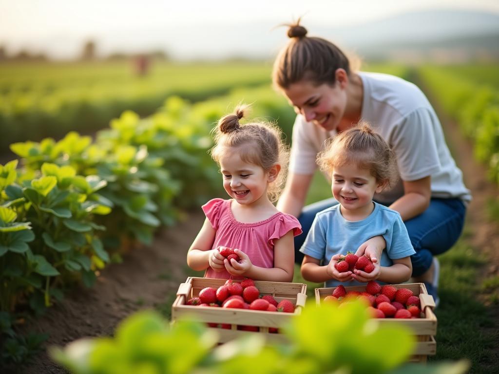 Family picking strawberries in a Galilee field. Smiling children and parents with baskets of fresh strawberries.