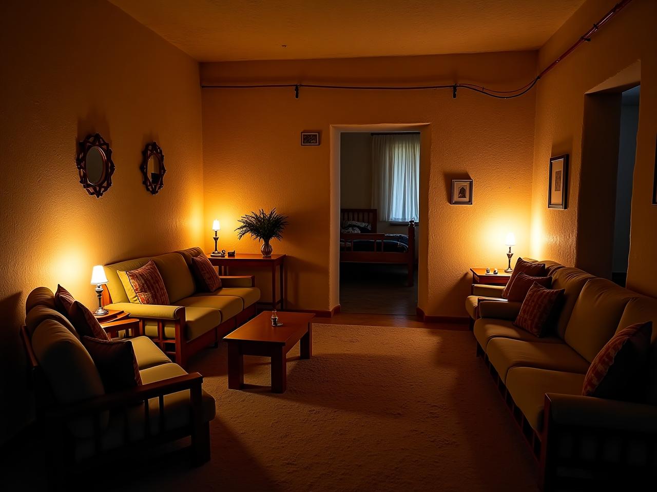 A cozy living room in an old stone house in Tzfat, with soft lighting from oil lamps and Shabbat candles, creating a warm and inviting atmosphere.
