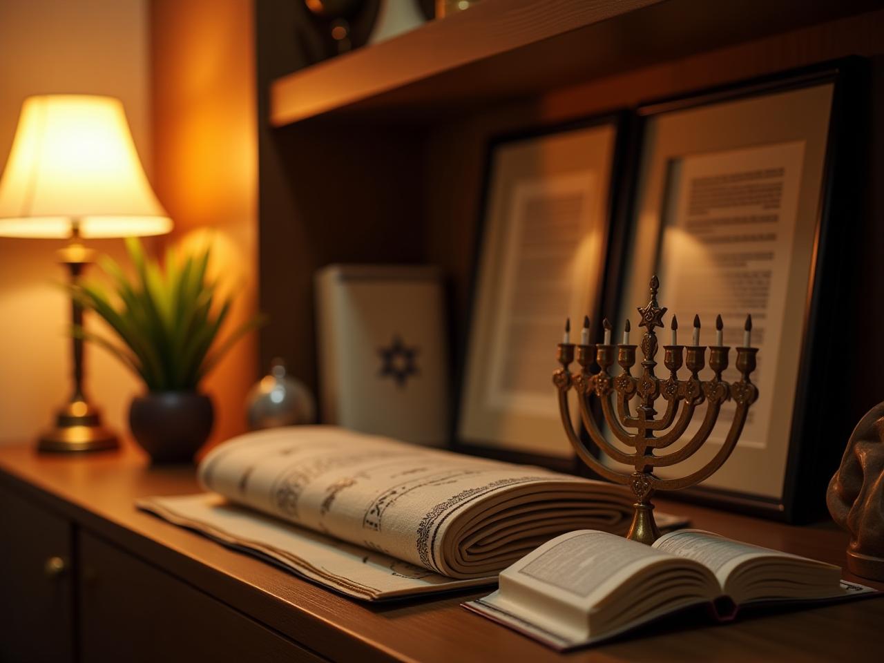 A warmly decorated home with Jewish ritual objects like a menorah, challah cover, and siddur (prayer book), arranged beautifully on a shelf. The atmosphere is inviting and joyful.