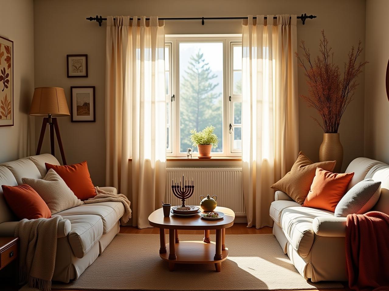A cozy living room decorated with seasonal textiles: warm blankets and pillows for winter, light and airy curtains for summer.