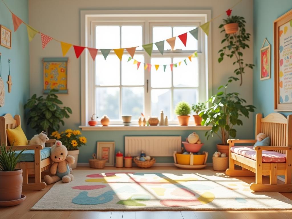 A colorful and inviting children's play area with wooden toys, fabric decorations, and natural light.