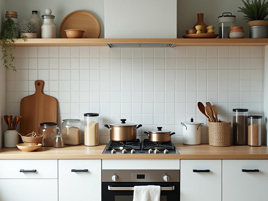 A beautifully organized kitchen with neatly arranged cookware, spice jars, and decorative elements.