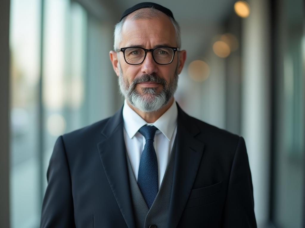A well-dressed religious Jewish man wearing a modern suit and tie.