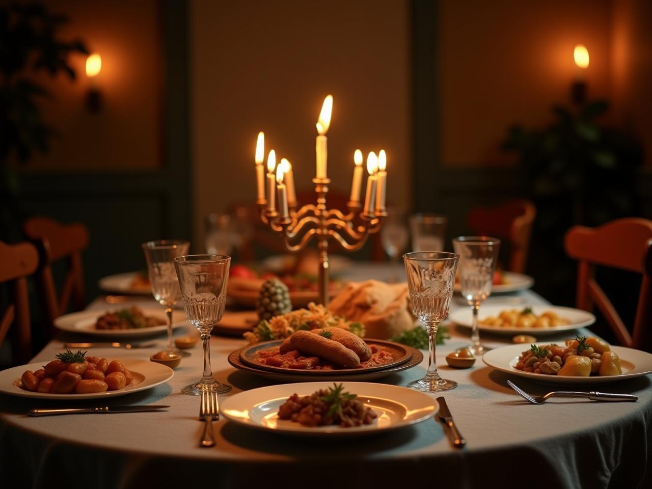 A table set for a small, intimate gathering with traditional Jewish food, warm lighting and a cozy atmosphere.