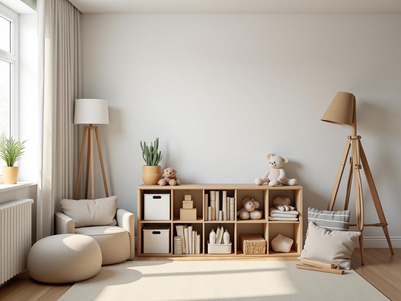 Living room with organized toy storage solutions.