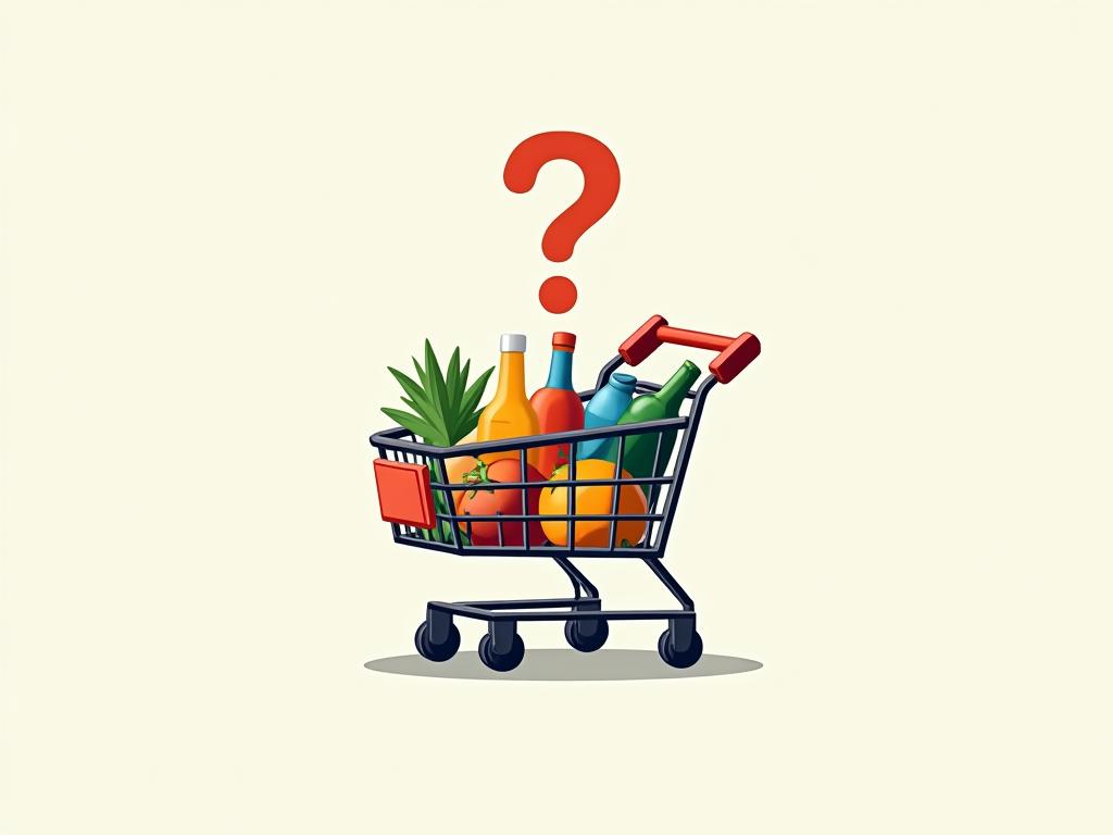 A shopping cart full of groceries with a question mark above it.