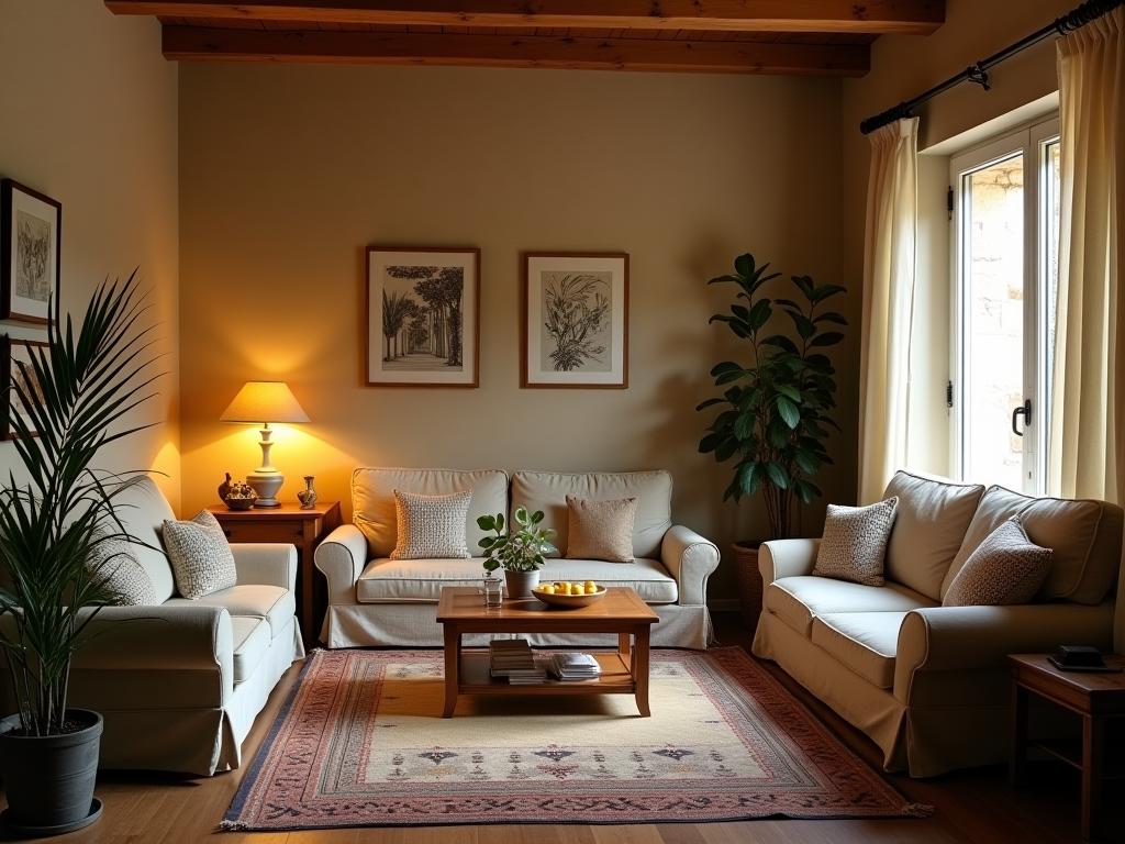 A cozy Jewish home interior with multi-functional furniture.