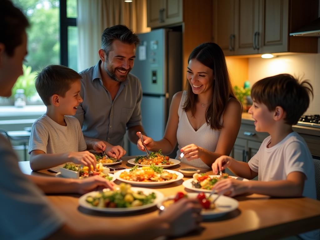A family is enjoying a kosher meal in the kitchen of a rented villa in Thailand. The scene shows a mix of food brought from home and local ingredients, emphasizing the blend of practicality and cultural experience.