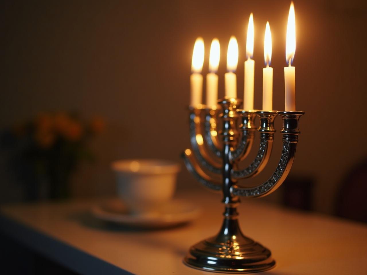 A close-up shot of a beautifully crafted silver Hanukkah menorah with lit candles, reflecting light onto the surrounding space. The background is soft and blurred, suggesting a warm and inviting home.