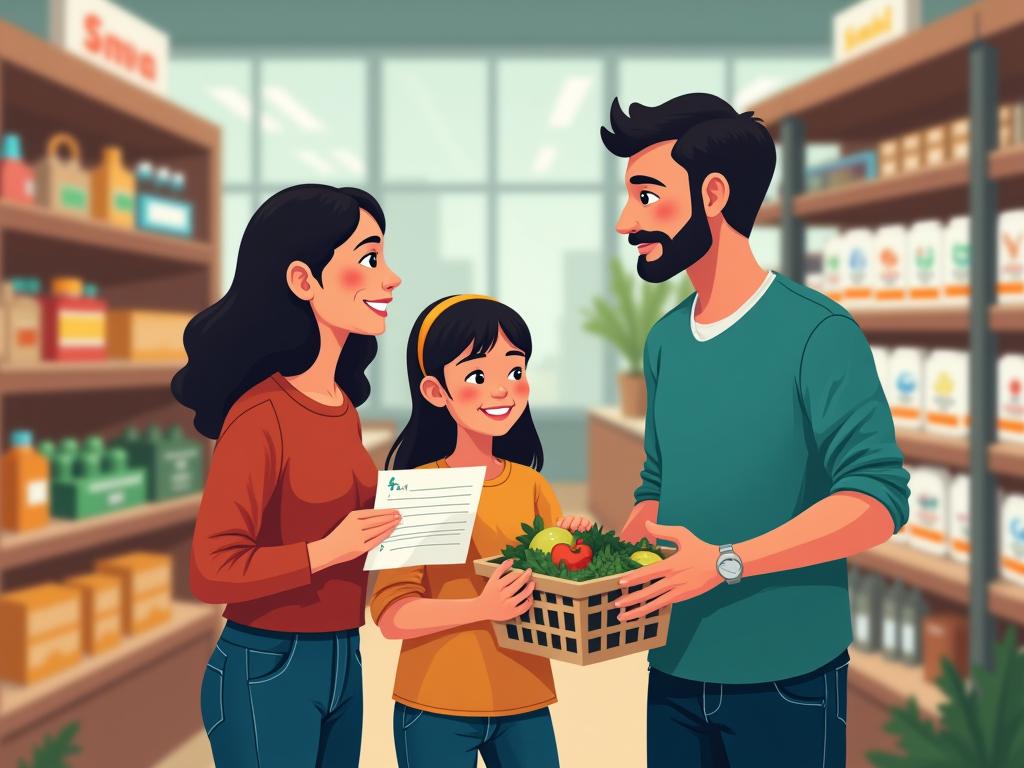A family shopping at a grocery store with a shopping list.