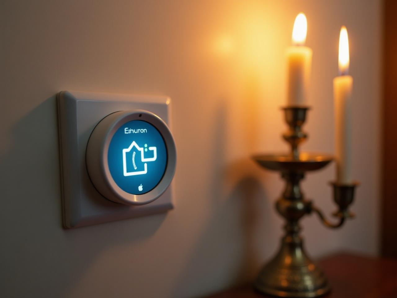 A smart timer plugged into a wall socket next to a traditional Shabbat candlestick.