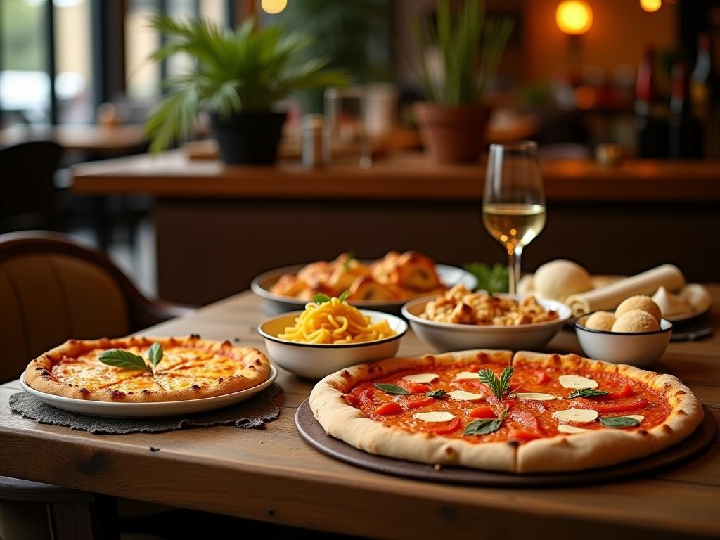 A table filled with delicious kosher Italian food, including pizza, pasta, and arancini, in a warm and inviting restaurant setting.
