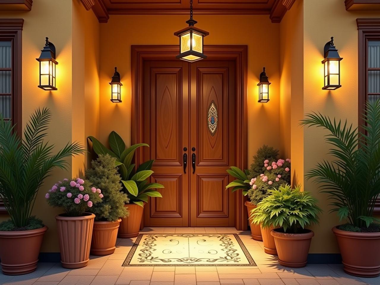 A warm and inviting entryway decorated with Jewish symbols and warm colors.