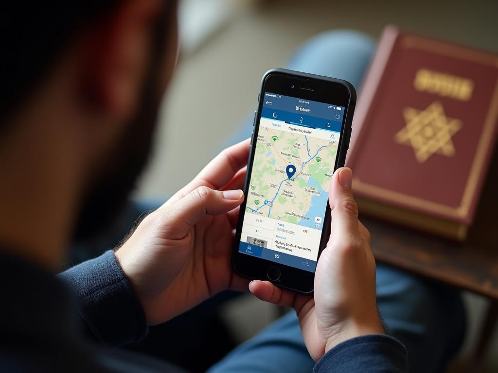 A person using a smartphone to find a synagogue, with a Jewish prayer book in the background.