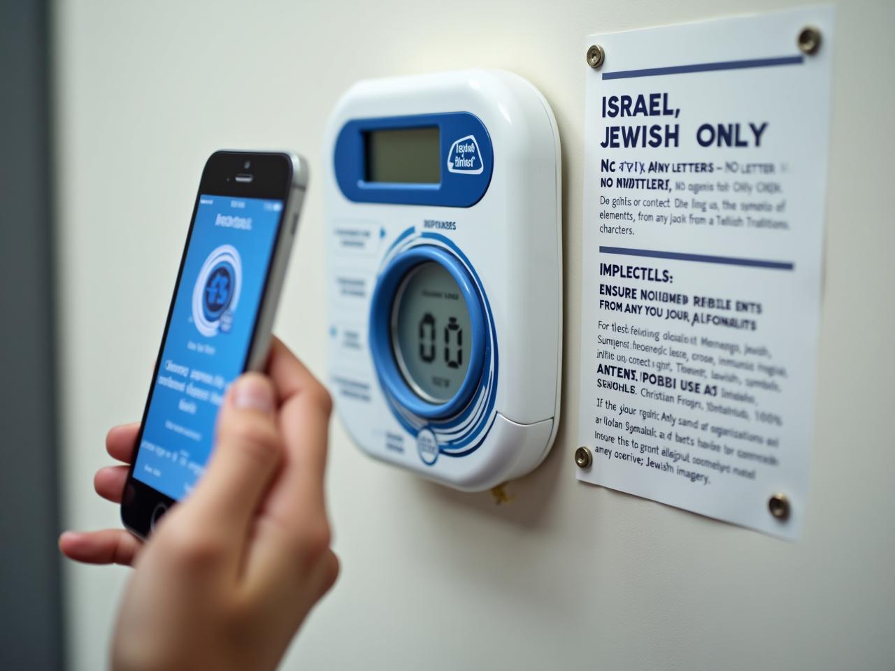 Digital water meter on a wall, with a hand holding a smartphone displaying water consumption data.