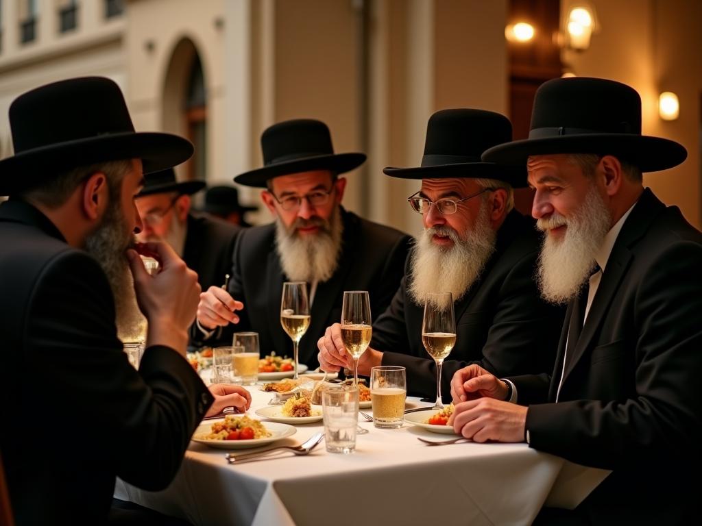 A group of young Haredi men enjoying a kosher meal at a restaurant in Rome.