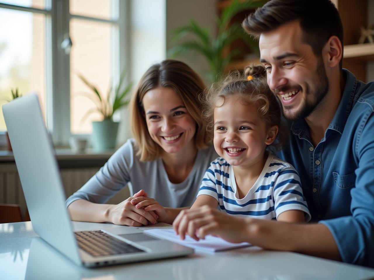 A family sitting around a computer, with a friendly tech expert guiding them on internet safety.