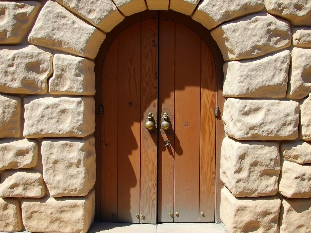 A wooden door in a stone wall, with a brass handle shaped like a pomegranate, in the old city of Safed.