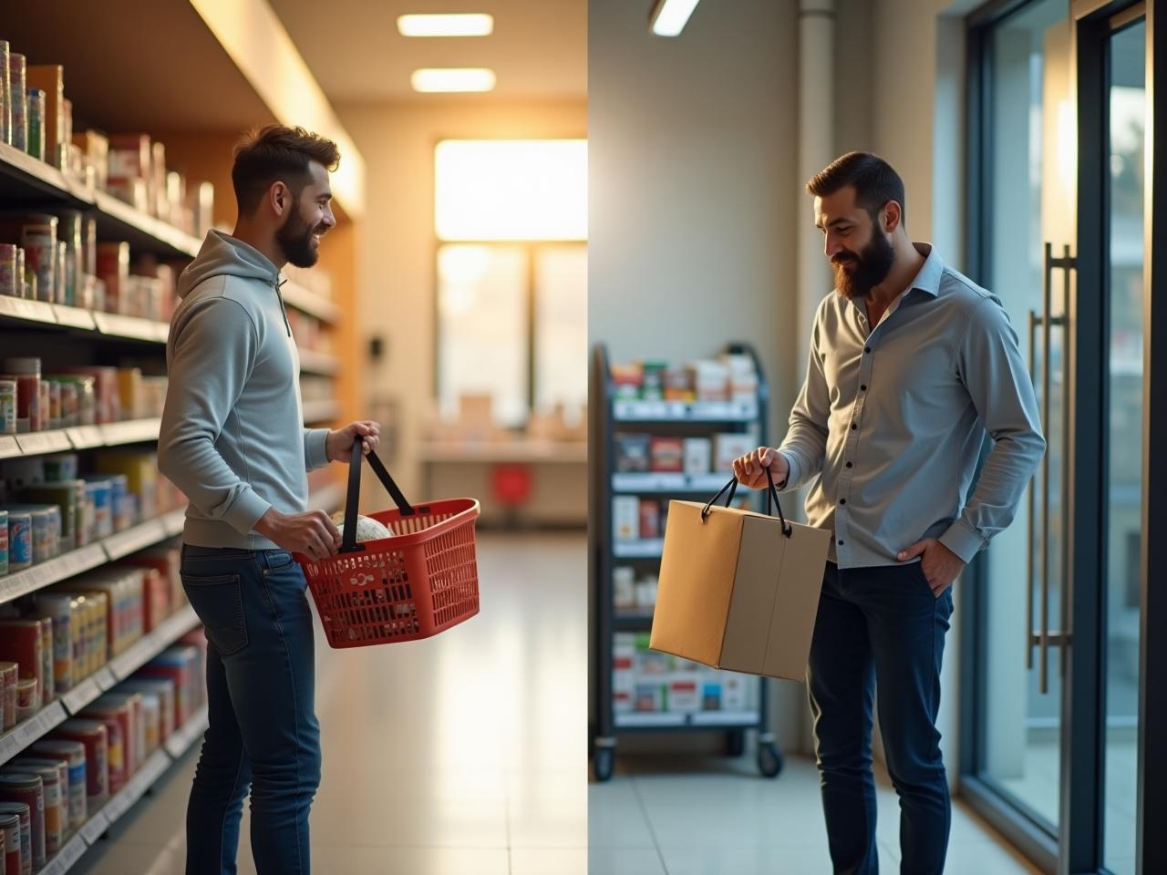 A person holding a shopping basket in a supermarket, juxtaposed with a person receiving a delivery at their doorstep. The image is designed to evoke a sense of comparison between the two shopping methods.