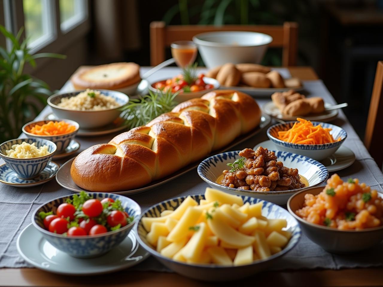 A table laden with delicious kosher food, including challah bread, colorful salads, and a hearty main course.