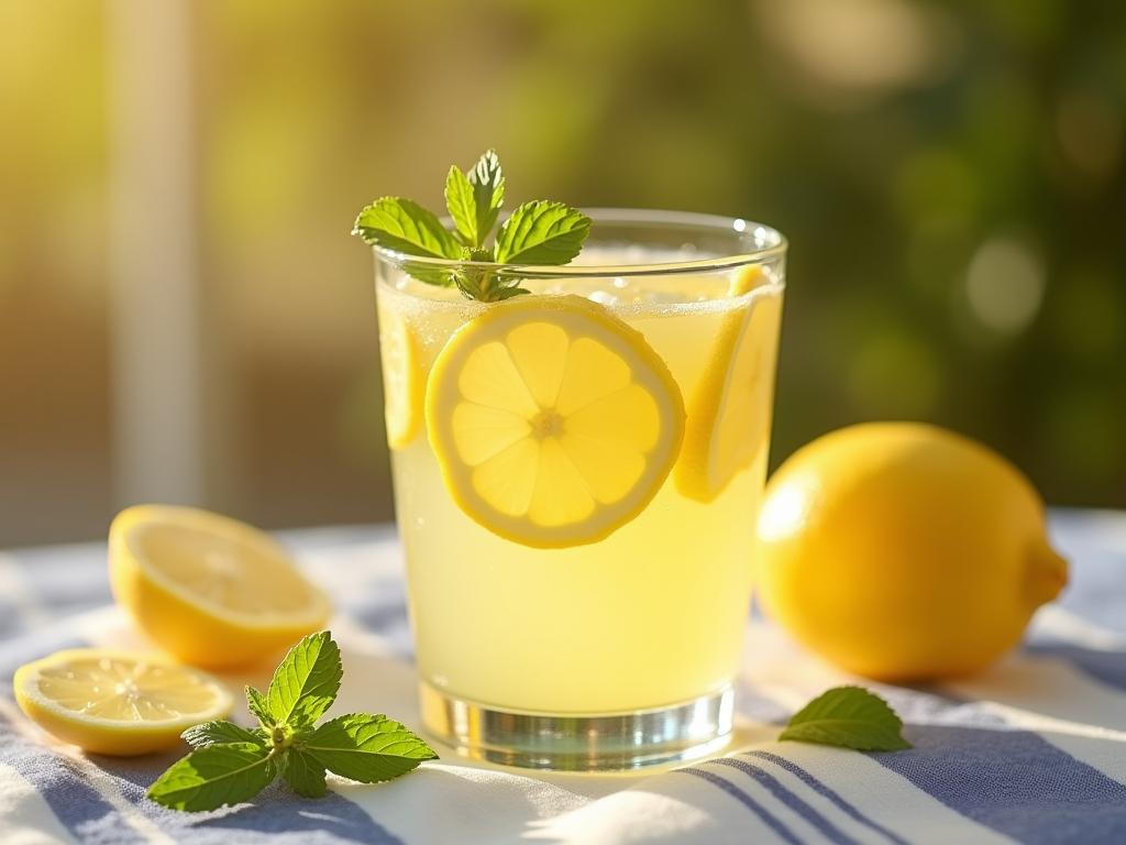 A glass of refreshing homemade lemonade with lemon slices and mint leaves on a festive table for Shavuot.