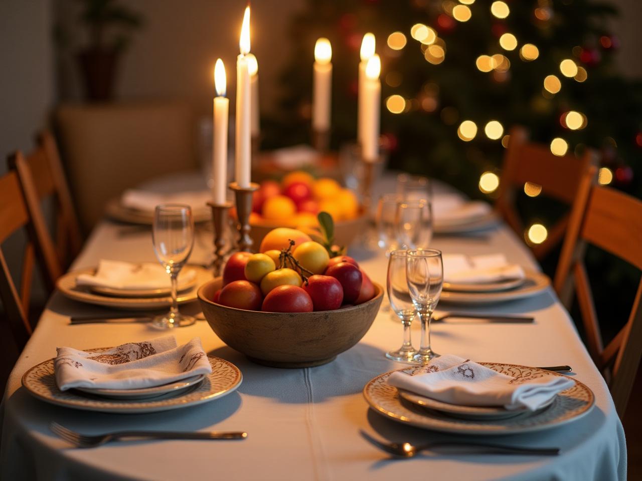 A festive Rosh Hashanah table setting with homemade decorations, including fruit, candles, and simple linens.